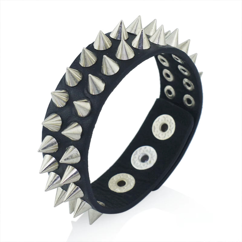 Rivet Cone Stud Cuff Black Leather Bracelet