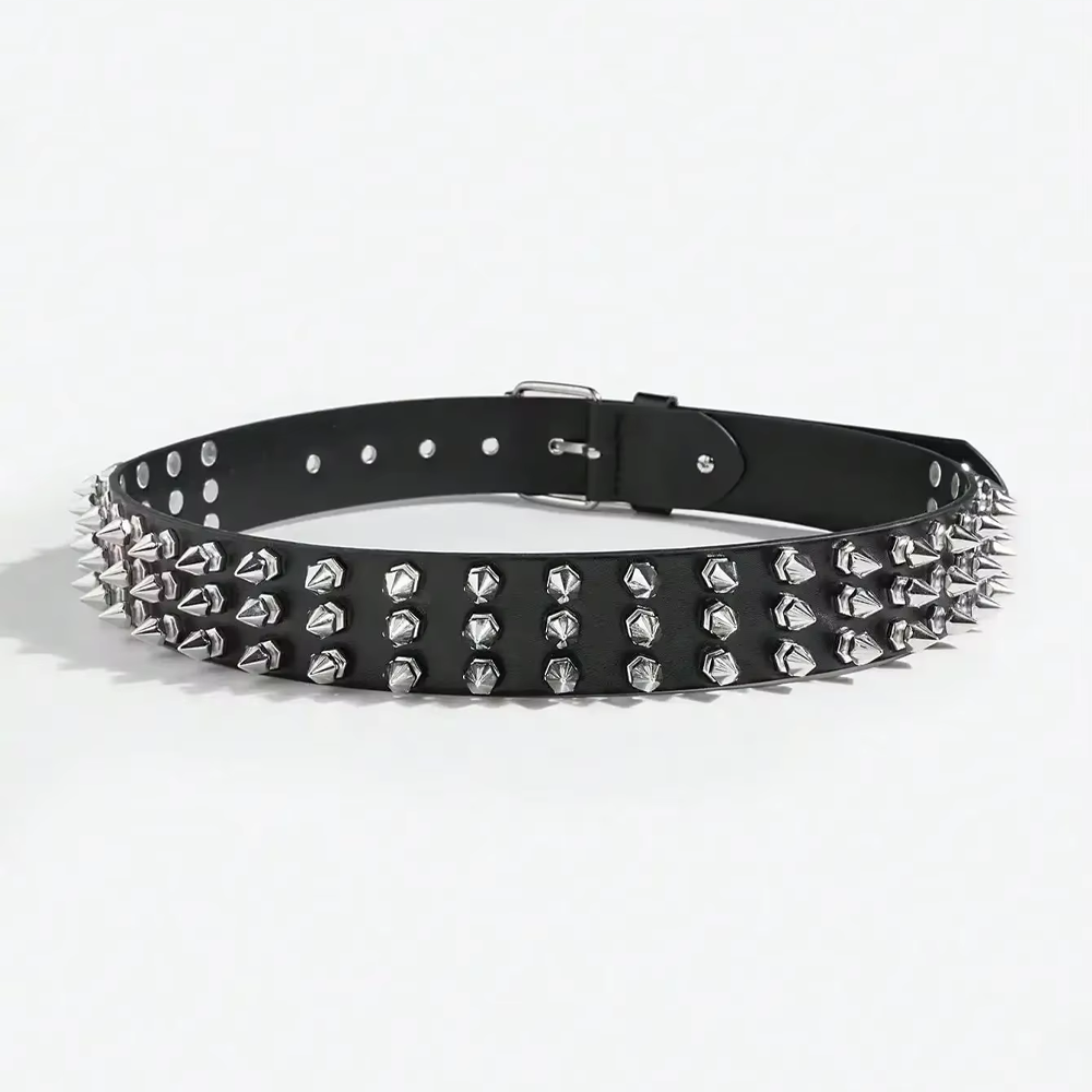3 Rows Black Short Metal Spiked Belt