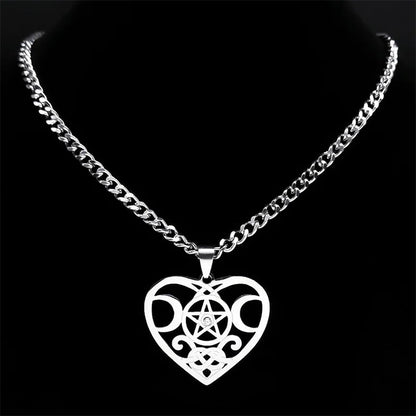 Heart Triple Moon Pentagram Goddess Necklace