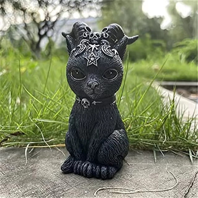 Black Cat Statue with Horns