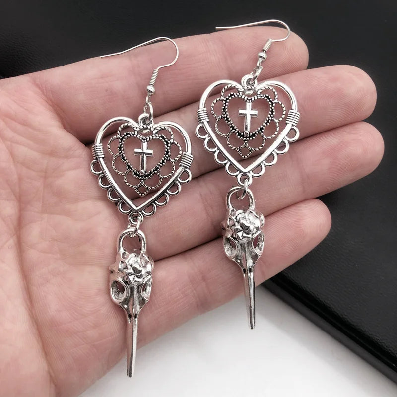 Heart Cross Bird Skull Earrings