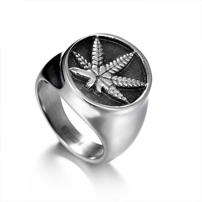 Stainless Steel Pot Leaf Signet Ring