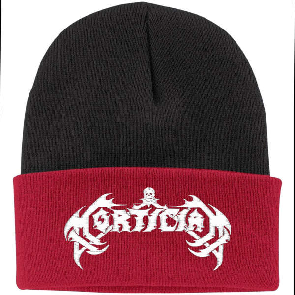 Mortician White Logo Red Black Beanie