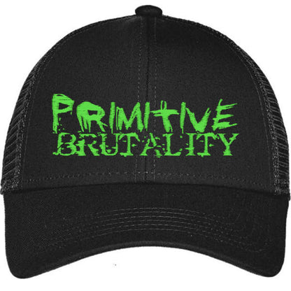 Primitive Brutality Green Logo Black Trucker Hat